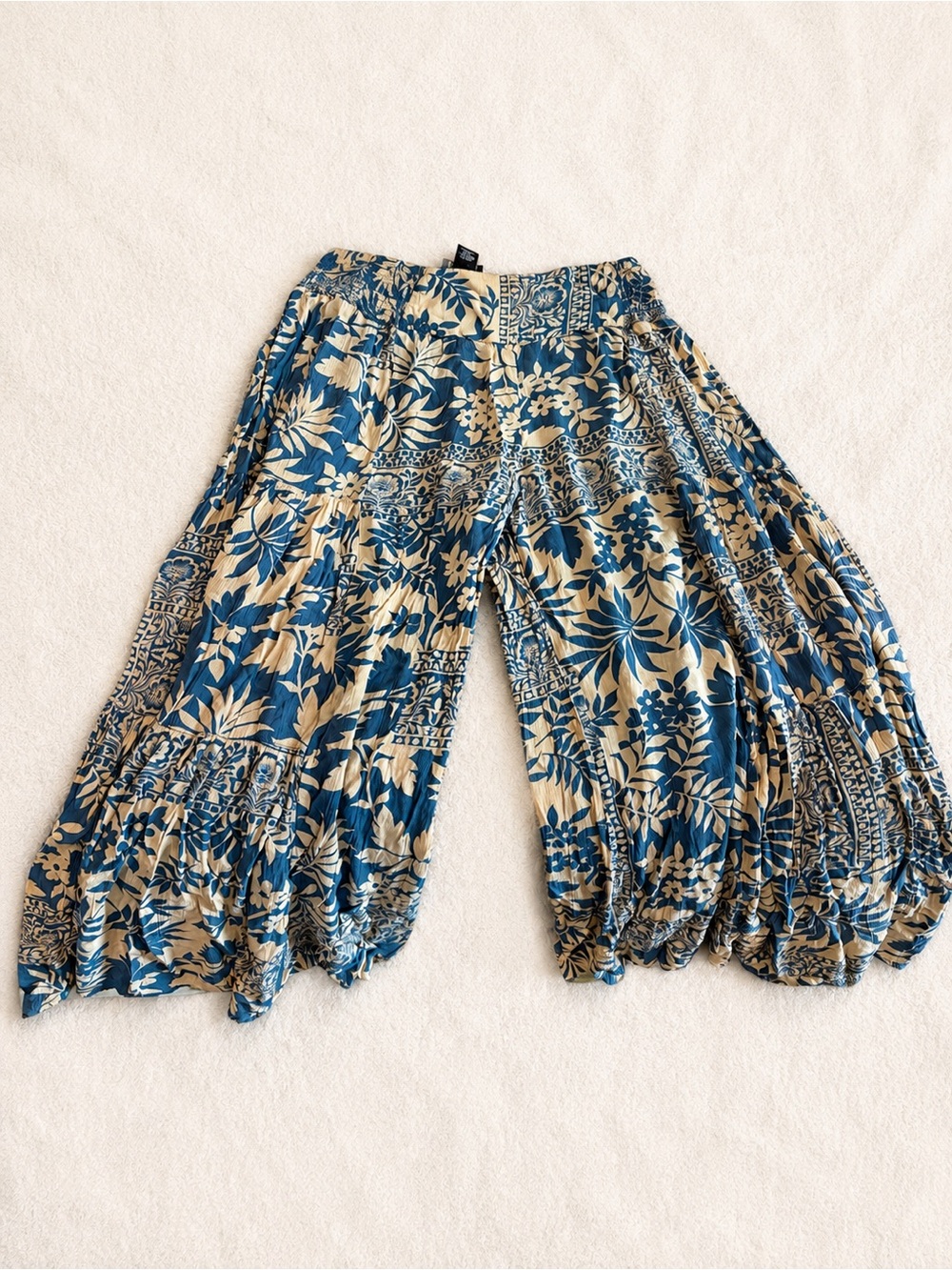 Blue & Cream Boho Floral Wide Leg Pants | Y2K Festival